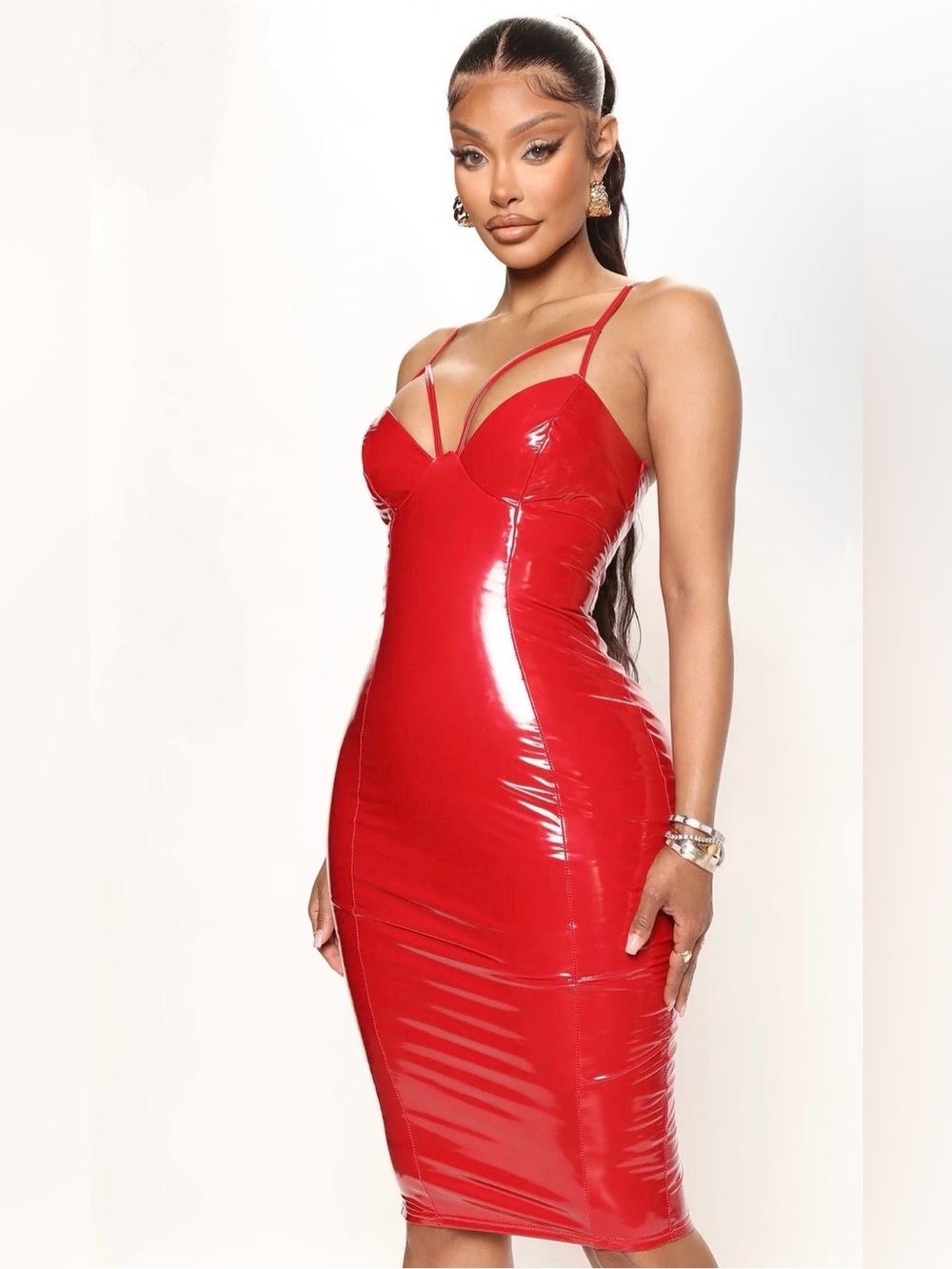 Fashion nova She's A Baddie Latex Midi Dress - Red  Women’s Medium